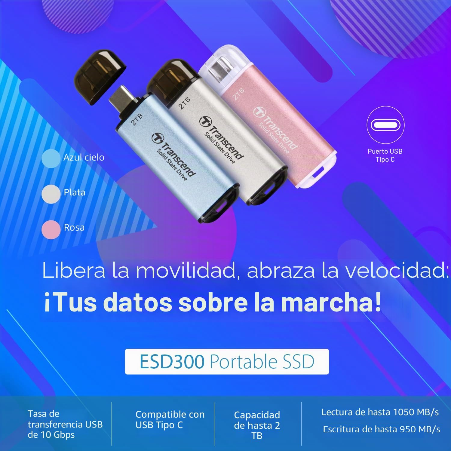Transcend 512GB SSD Portátil ESD300C USB Tipo-C 10 Gbit/s Compatible con PS4/PS5, Azul TS512GESD300