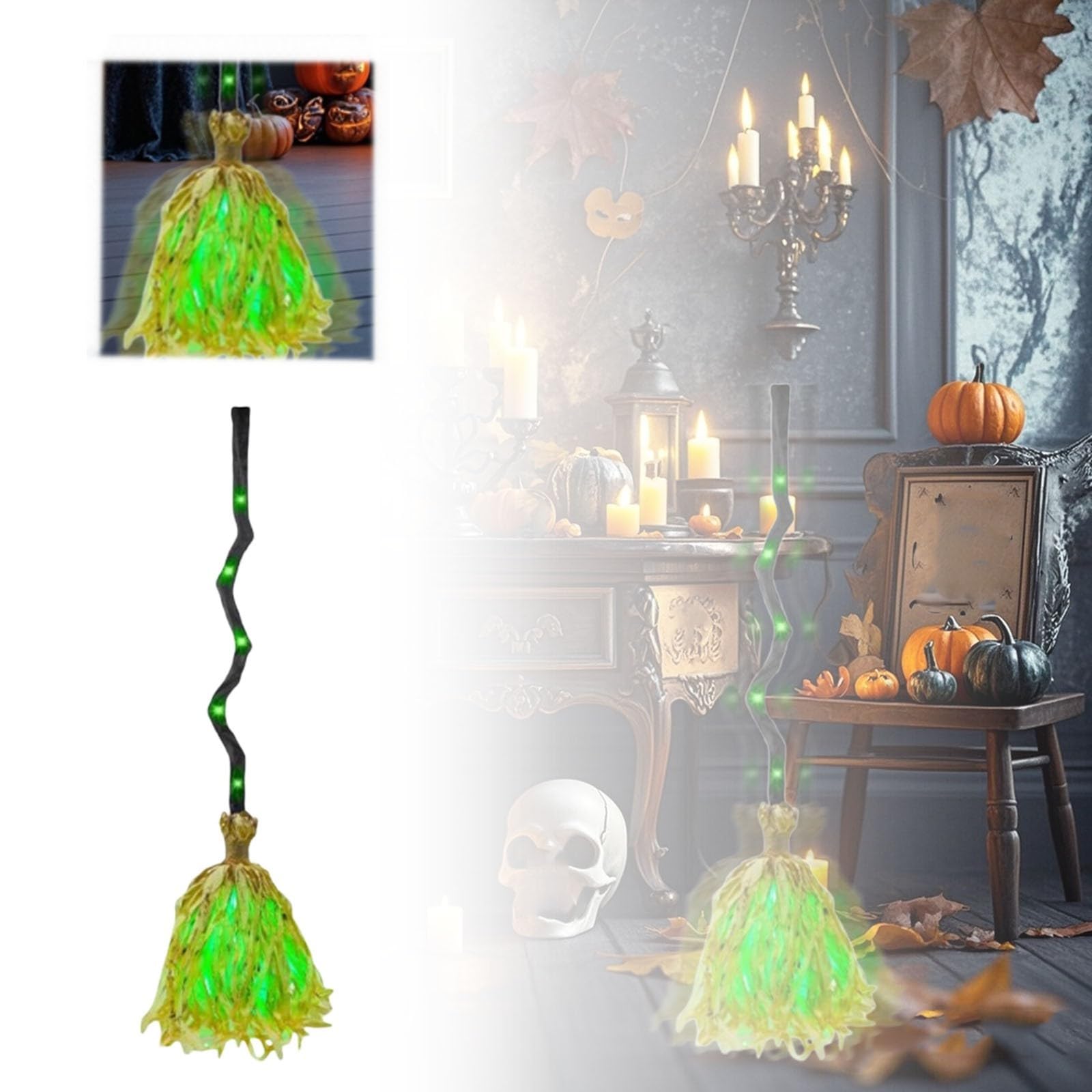 Animierter Halloween-Hexenbesen, beleuchteter beweglicher Besen mit grünem Leuchten, tanzender magischer Besen für drinnen und draußen, Veranda, Hof, gruselige Spukhaus-Dekoration, 90 cm (2)