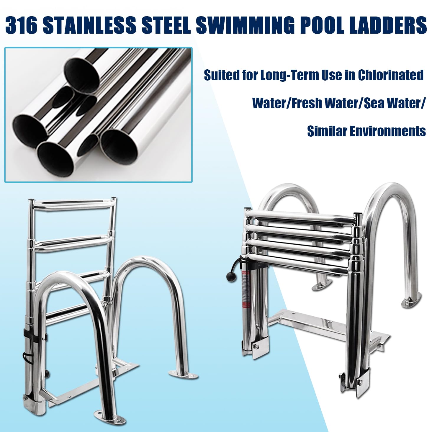 Edelstahl Poolleiter klappbar 120/122/132/135/150 cm Poolhöhe, Stabile extra breite Schwimmbadleiter für Salzwasser, Pooltreppe für Rundpool & klappbare Bootsleiter