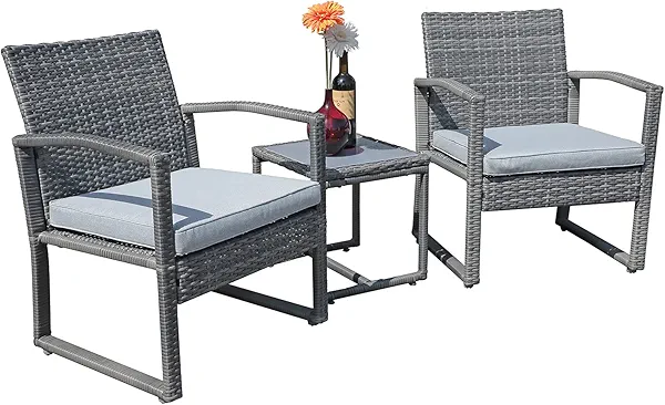 Patiorama Outdoor Patio Furniture - Wicker Conversation Set with Modern Bistro Design, Coffee Table, Perfect for Garden, Balcony, Backyard or Poolside (Light Gray)