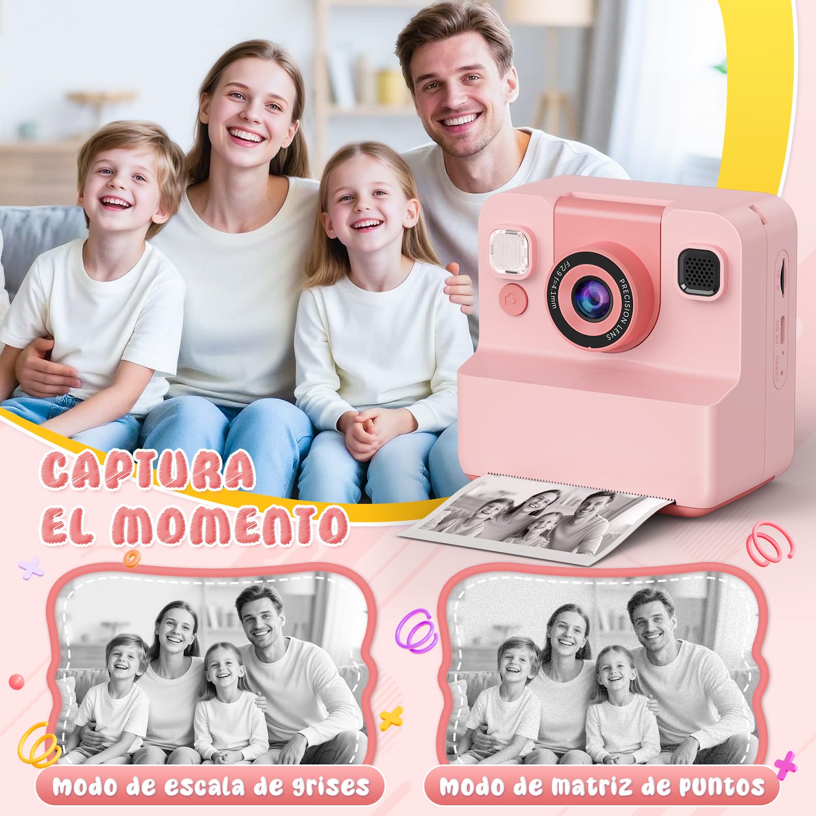 Camara de Fotos Instantaneas,2.4" 1080P HD Camara Fotos Infantil Instantaneas Juguetes Niños 3-12 Años Cámara Instantánea Niños de Foto & Video 1080P & Música&5 Juegos de Rompecabezas 32GB SD
