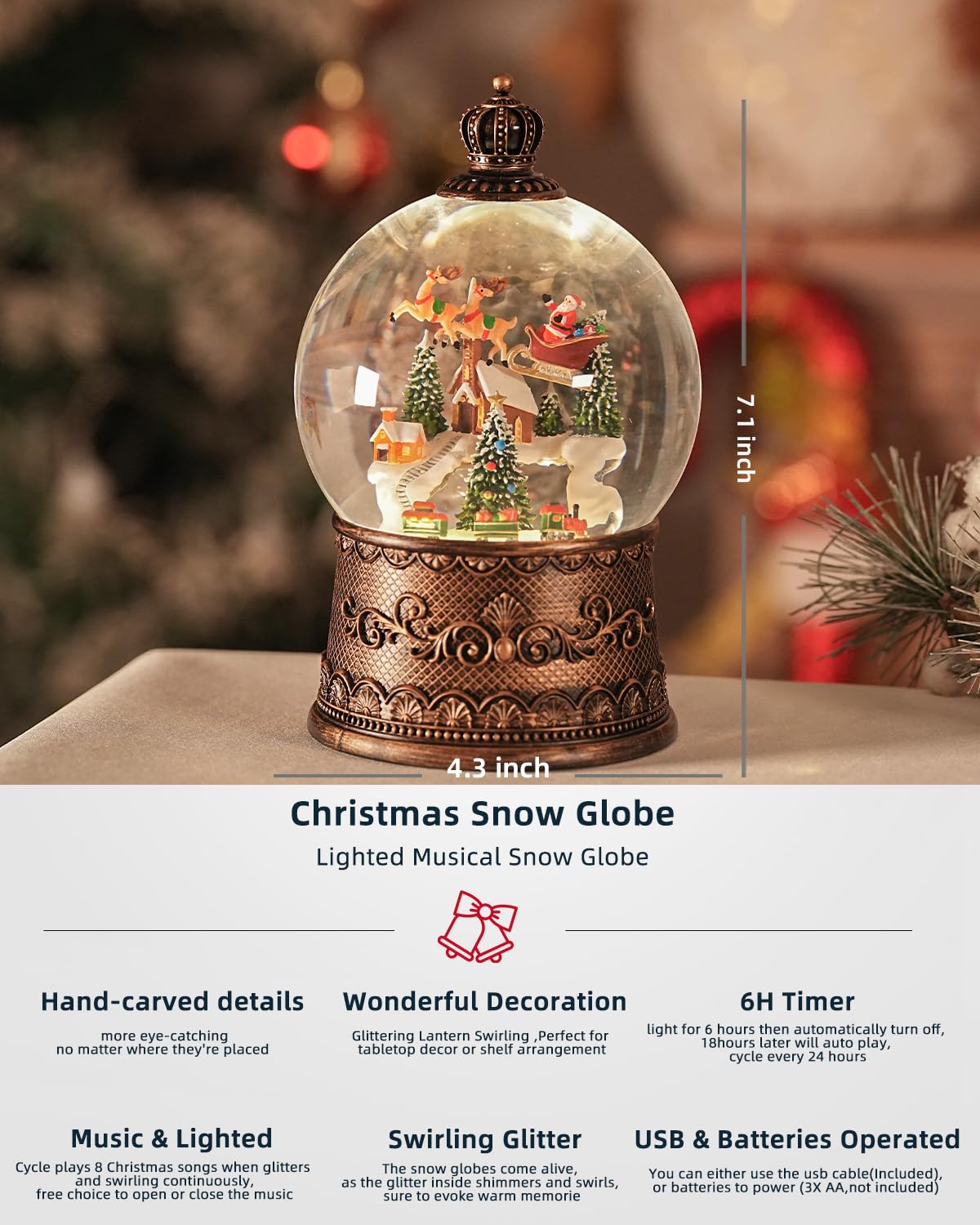 Boule à neige de Noël avec élan, boules à neige lumineuses avec minuterie, lanterne musicale scintillante pour décoration (élan du train de neige)