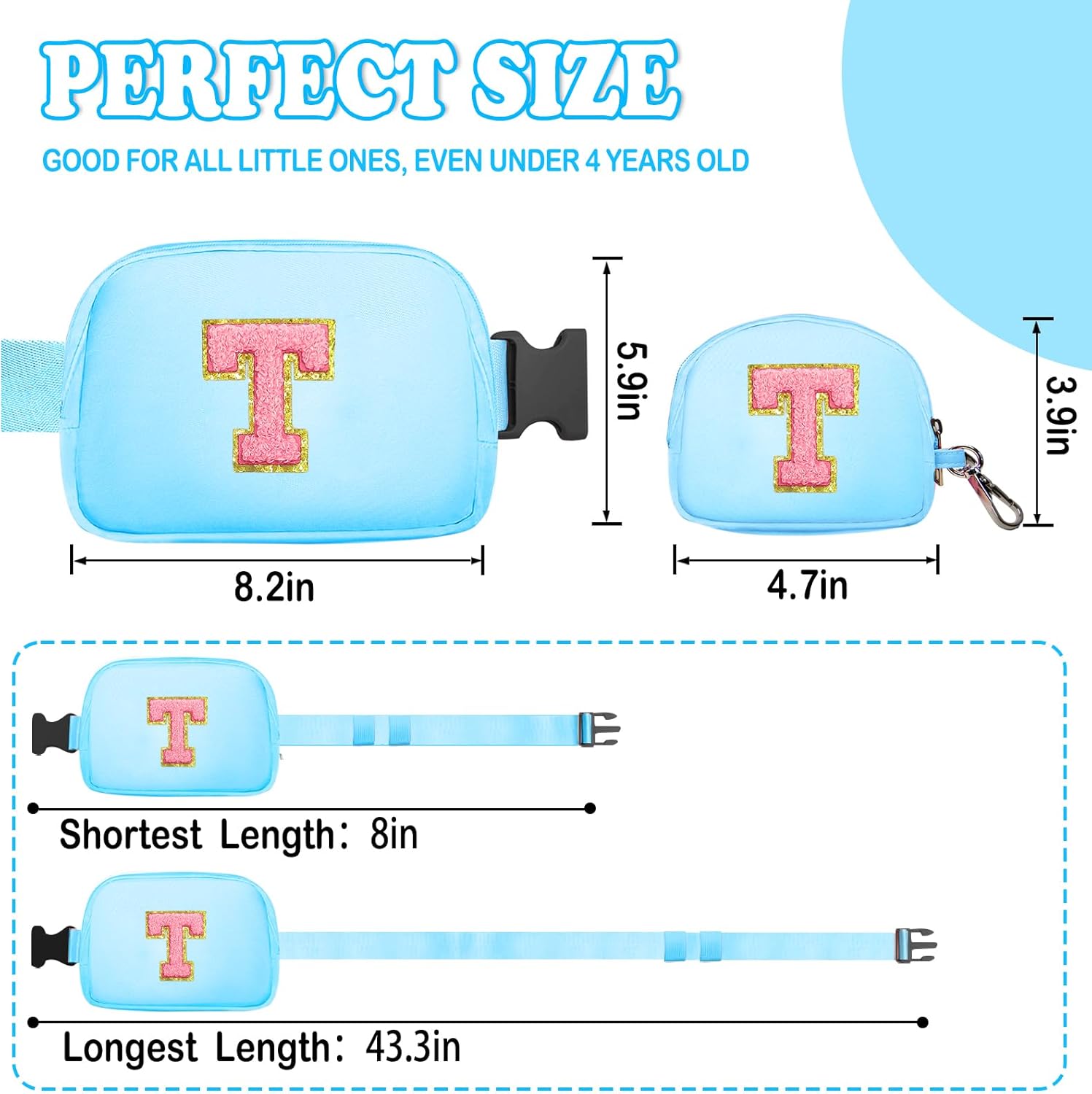 Birthday Gifts for 4 5 6 7 8 9 10 11 12 13 Year Old Girls, Crossbody Bags Fanny Pack with Initial Letter Patch Cute Stuff for Women Girls Teens (T, Blue) - Image 3