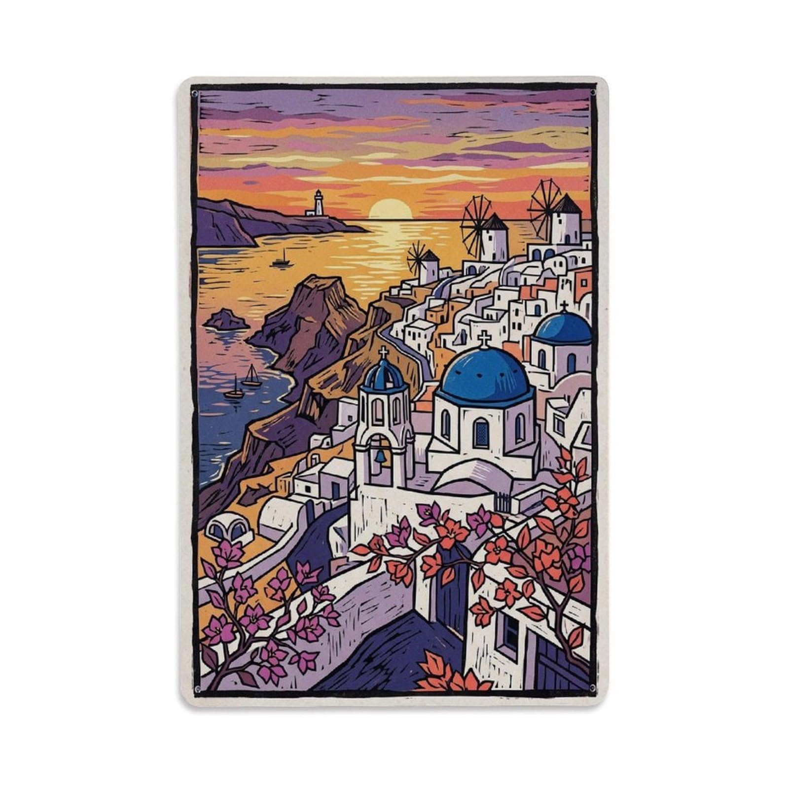 Santorini Blue Dome Caldera Sunset Cyclades Village Metal Tin Sign Plaque Wall Decor for Cafe, Man Cave, Club Bar, Office, Home Garden Round Metal Poster 8x12Inch