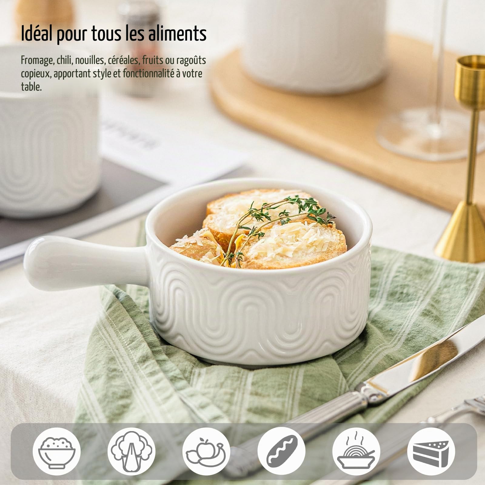 INSETLAN Lot de 4 bols à soupe de 530 ml avec poignée, bols à soupe à l'oignon français avec poignée, bols en céramique pour soupe, chili, ragoût de bœuf, résistants aux éclats, passent au