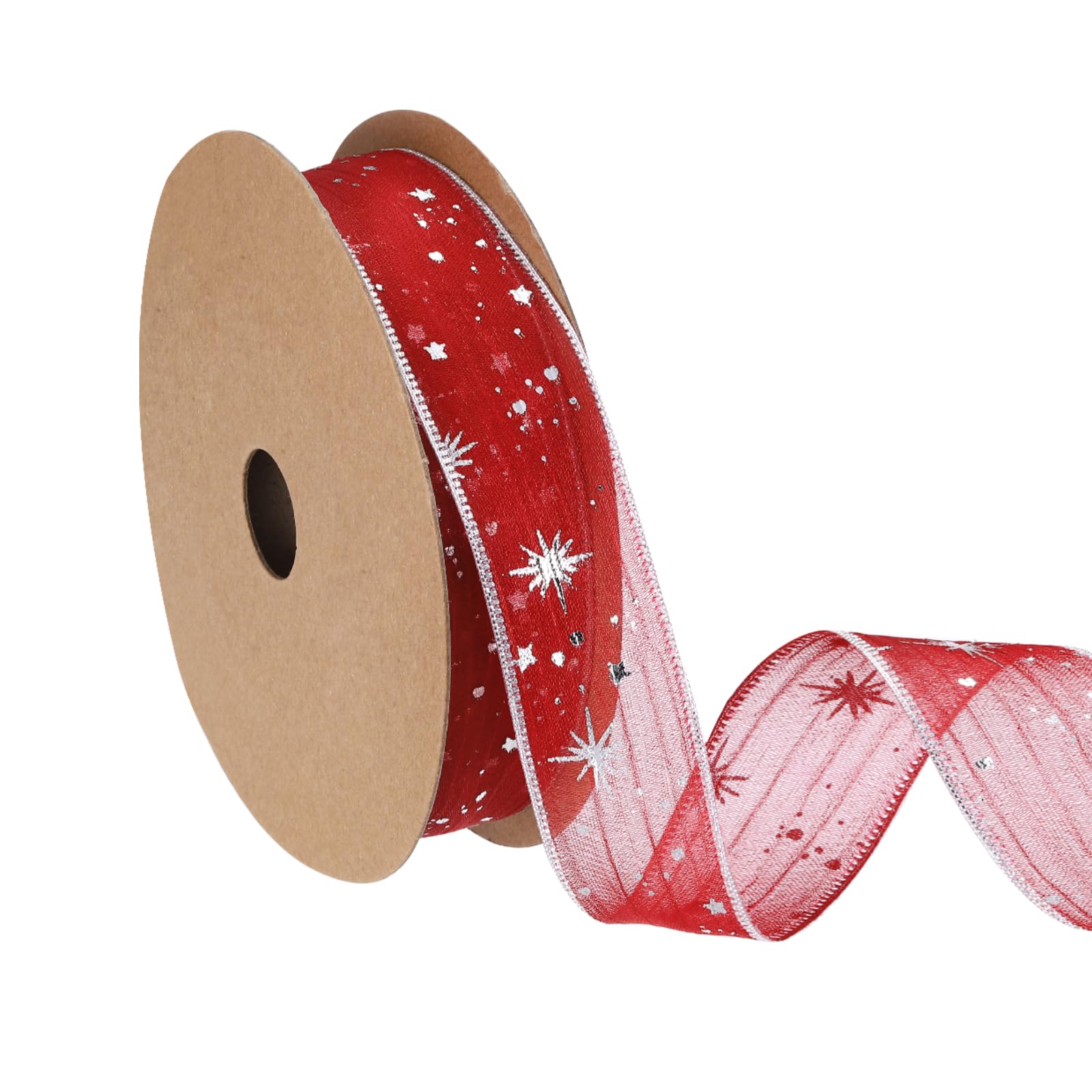 PATIKIL Organza Star Ribbon Wired, 1 Inch Wide 20 Yards Christmas Tree Print Sheer Glitter Ribbon for Gift Wrapping Garland Bouquet Ornaments Party Decorations, Red