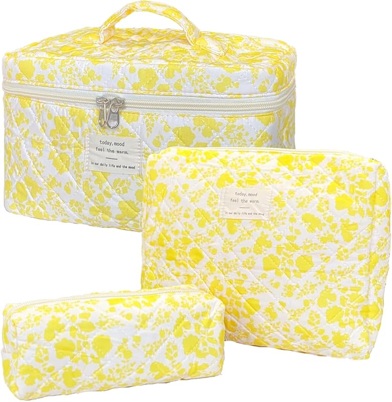 Necessaire de maquiagem acolchoada floral amarela WYJ com zíper, pacote com 3