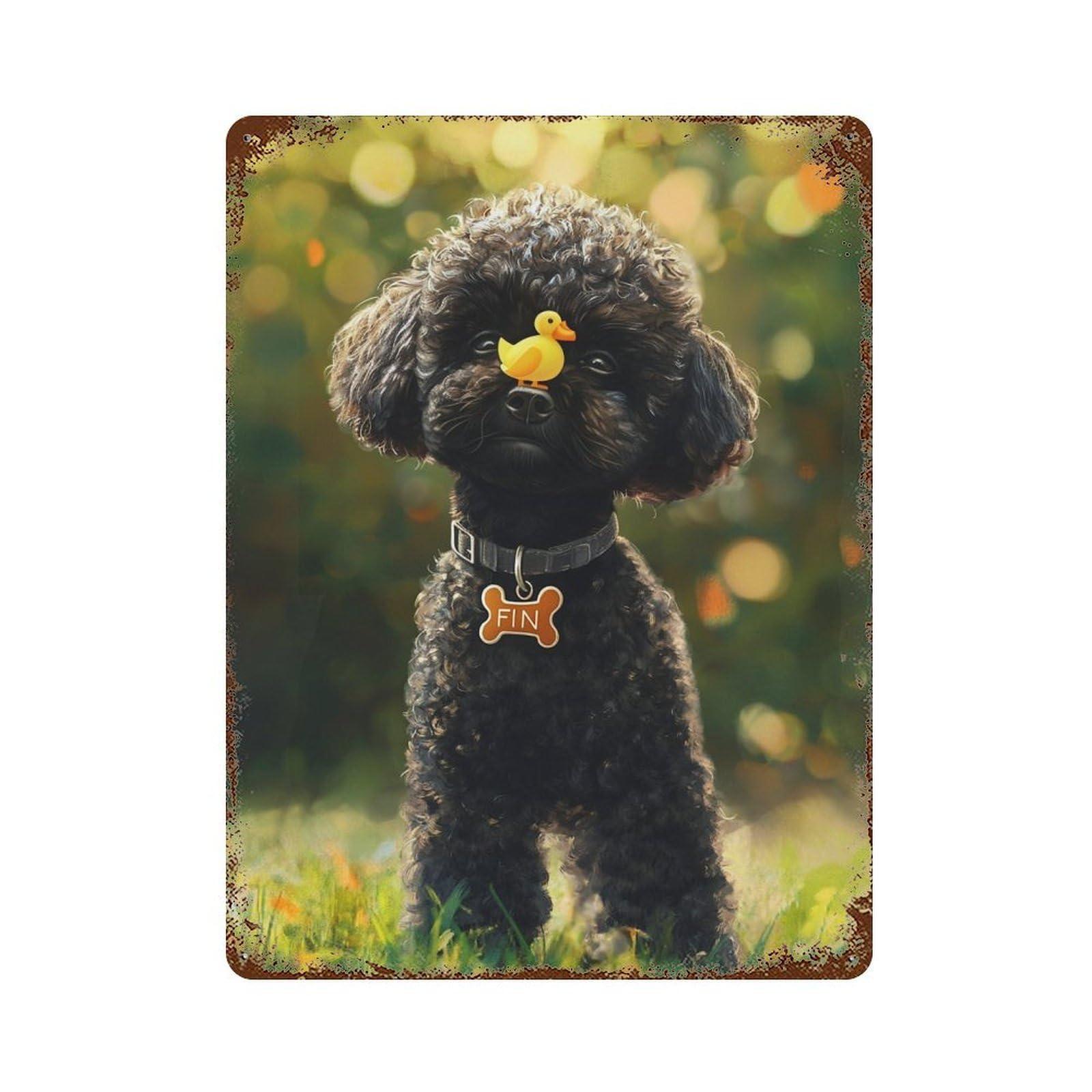 Adorable Poodle with Yellow Duck Toy Rust Effect Tin Sign 15.7"x11.8", Vintage Wall Decor for Garage, Pub Or Kitchen