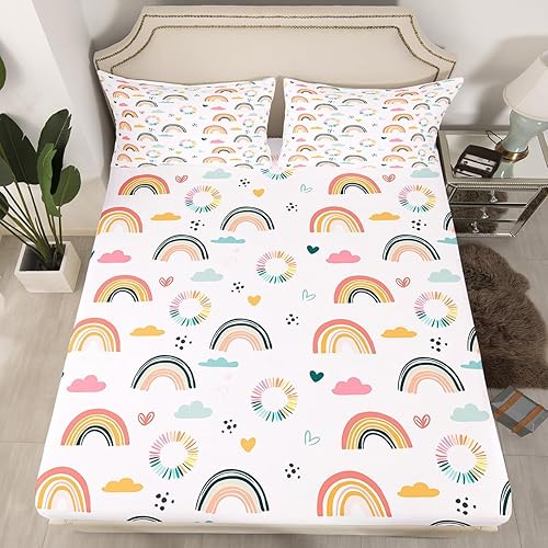 Sábana bajera ajustable de sol y arco iris para niñas, decoración de habitación Kawaii, juego de ropa de cama con diseño de corazón de amor, nubes