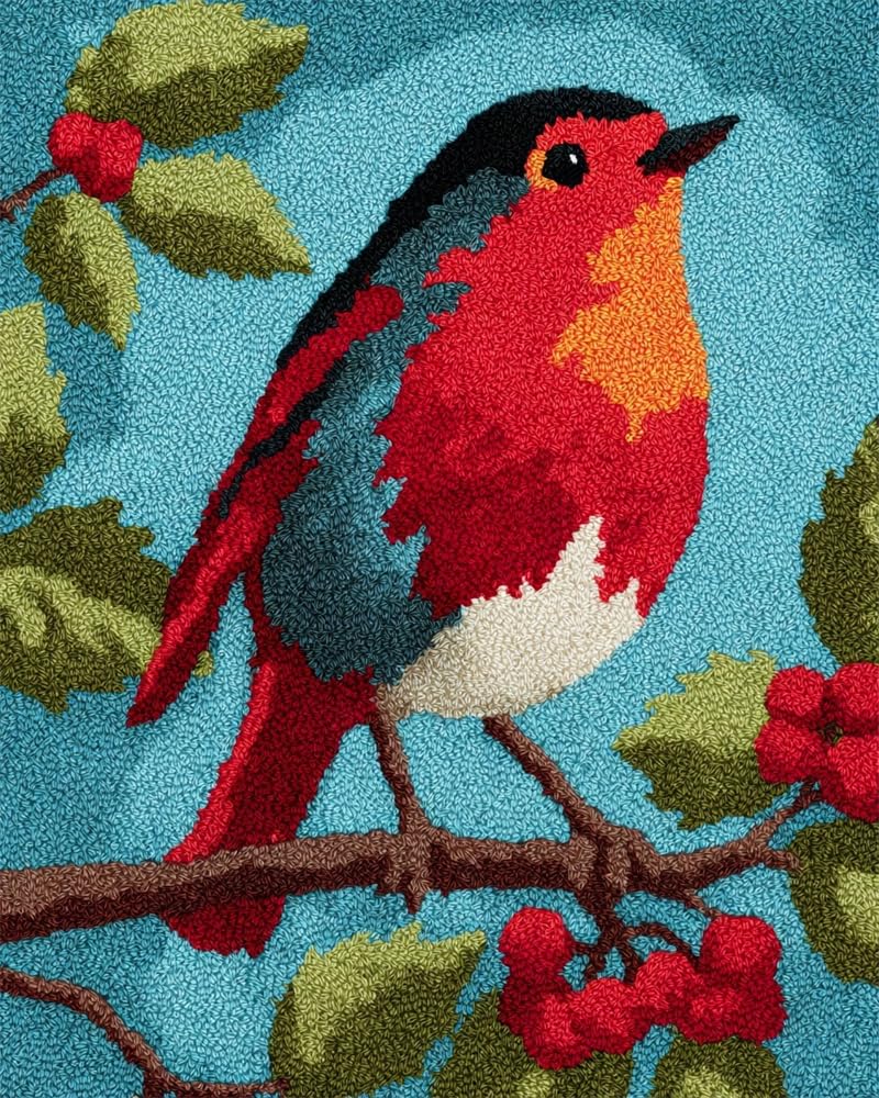 FWRTYCB Latch Hook Kits Rugs,Robin on a Tree Branch