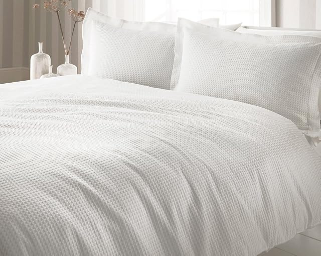 Riva Paoletti Waffle Plain White Double Bed Duvet Cover Set - Waffle Weave Texture - 2 x Oxford Border Pillowcases Included - 100% Cotton - Machine Washable - 200 x 200cm (79" x 79" inches)