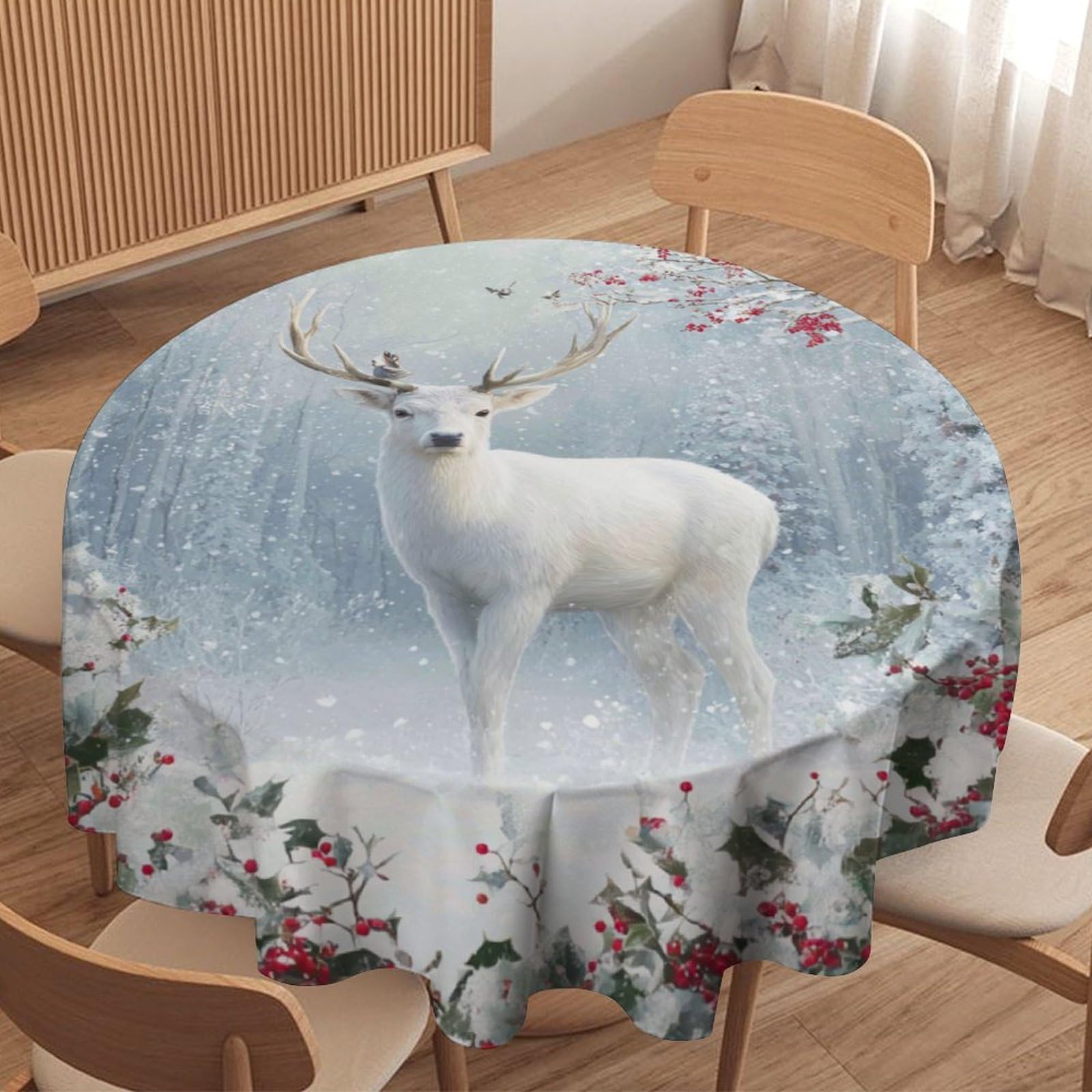 LUYYSKY Modern Vintage Animal Elk Waterproof Round Tablecloth Rustic Watercolor Christmas Winter Landscape Wildlife Deer Bird Washable Table Cover for Kitchen-152.4" Wx152.4 L cm