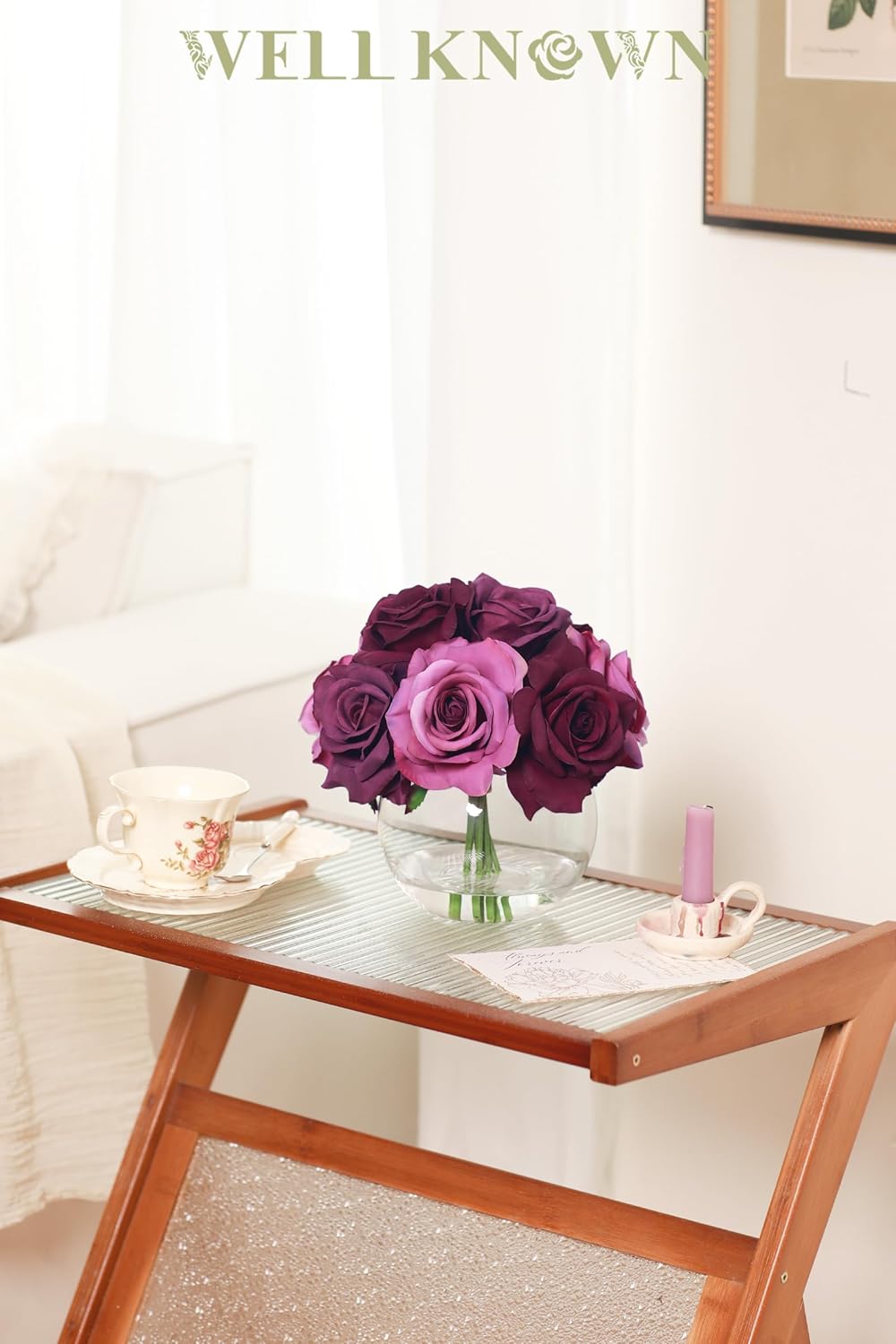 WELL KNOWN Silk Purple and Pink Roses Bouquet in Vase, Artificial Fake Flowers Arrangements in Glass Vase with Faux Water for Home Office Hotel Birthday Wedding Party Table Decoration & Mom's Gift - Image 2