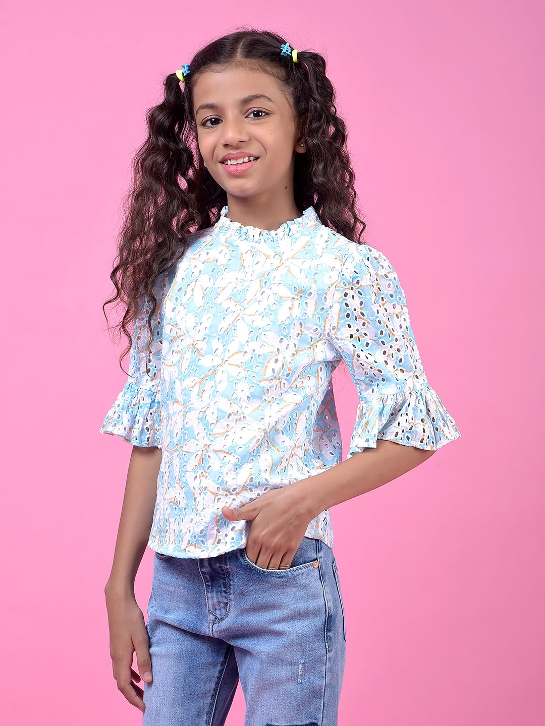 Crimsoune Club Girl's Blue Floral Print 100% Cotton Semi-Sheer Top (13-14Y) 3
