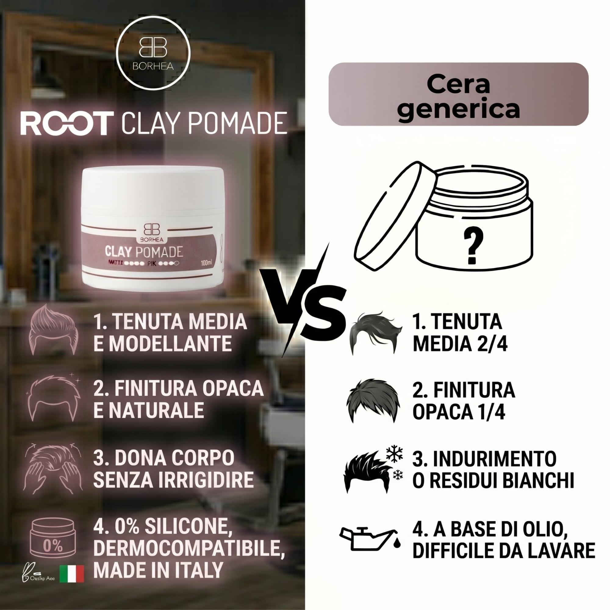 ROOT Clay Pomade 100ml - Cera Opaca Capelli a Tenuta Media Effetto Naturale - Pomata Capelli Uomo e Donna Argilla Modellante Senza Residui - Hair Clay Professionale Senza Parabeni e Siliconi