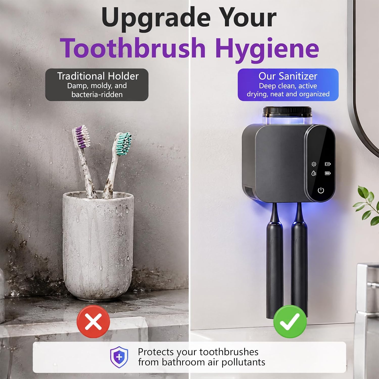No Drill Wall Mounted UV Toothbrush Sanitizer Holder Black image 3