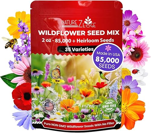 NatureZ Edge Mezcla de semillas de flores silvestres – 2 onzas, 85,000 semillas, 35 variedades de semillas de flores perennes y anuales para plantar