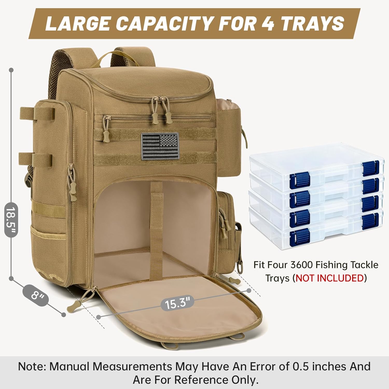 40L Fishing Backpack Water Resistant Fishing Tackle Bag with 2 Rod Holders, Tackle Storage Bag for Anglers(Khaki,Bag Only)