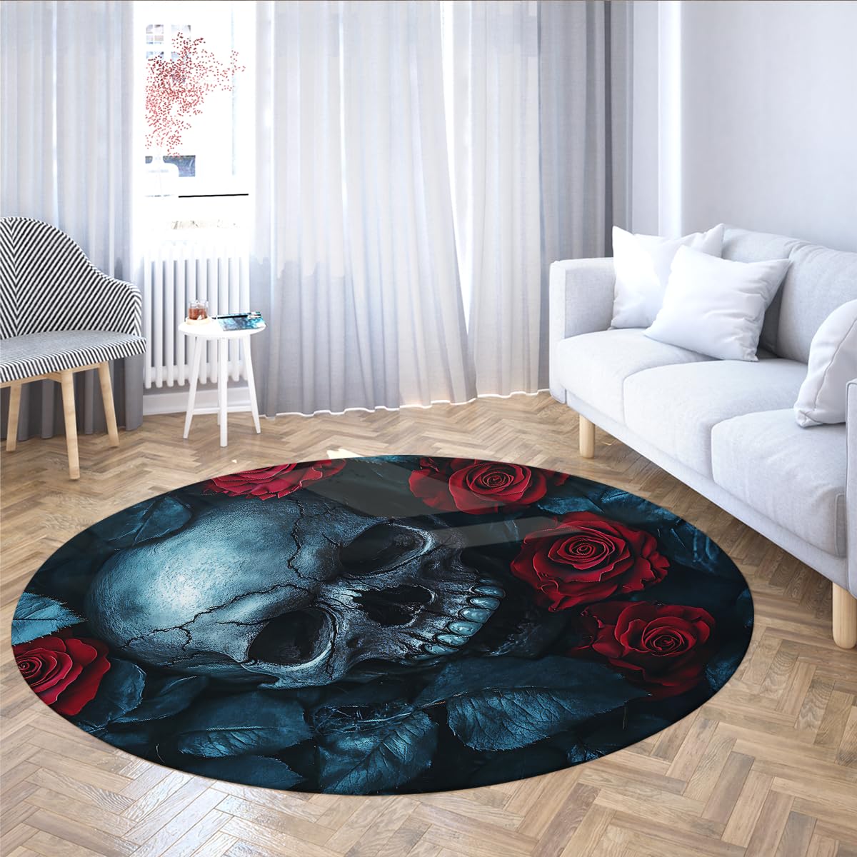 Tapis à poils ras noir et rouge tapis rond lavable crâne rose 150cm