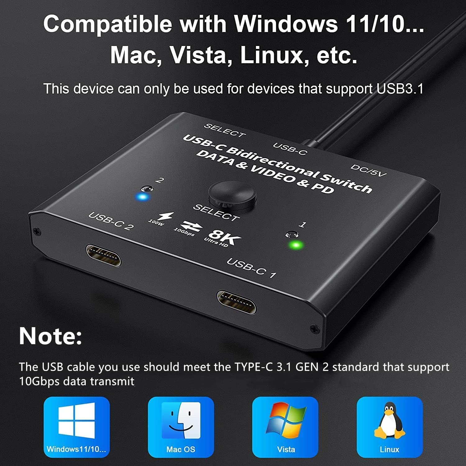 NAWEN USB Type-C Switch 2-in-1 Out / 1 in 2 Out, Two-Way USB-C Switch for 2 Laptops with USB-C Connection, Supports 4K@120Hz, 8K@60Hz Video/10Gbps Data Transfer, KCC201NW