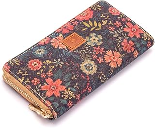 GELDBÖRSE/Geldbeutel FÜR Damen, Gross VIELE FÄCHER, MIT Reissverschluss, VEGAN, VEGANES Leder, Kork, BUNT, Motiv Blumen, Vintage, SCHWARZ; NACHHALTIG