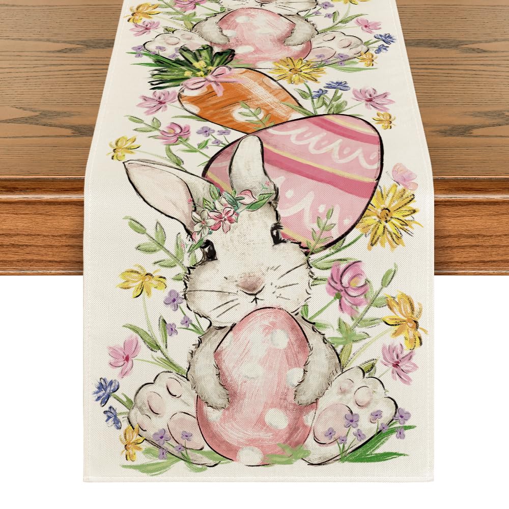 Artoid Mode Bunny Rabbit Egg Flower Easter Table Runner, Seasonal Spring Kitchen Dining Table Decoration for Home Party Decor 13x60 Inch