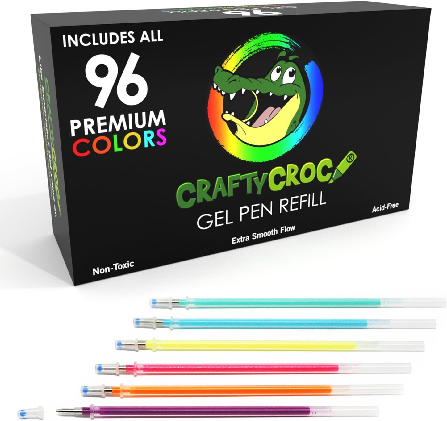 Crafty Croc Gel Pen Refills - Value Set Includes 96 Colors of Glitter, Metallic, Pastels, Neons, and Classics - Compatible with Most Gel Pens from .8mm - 1.0mm