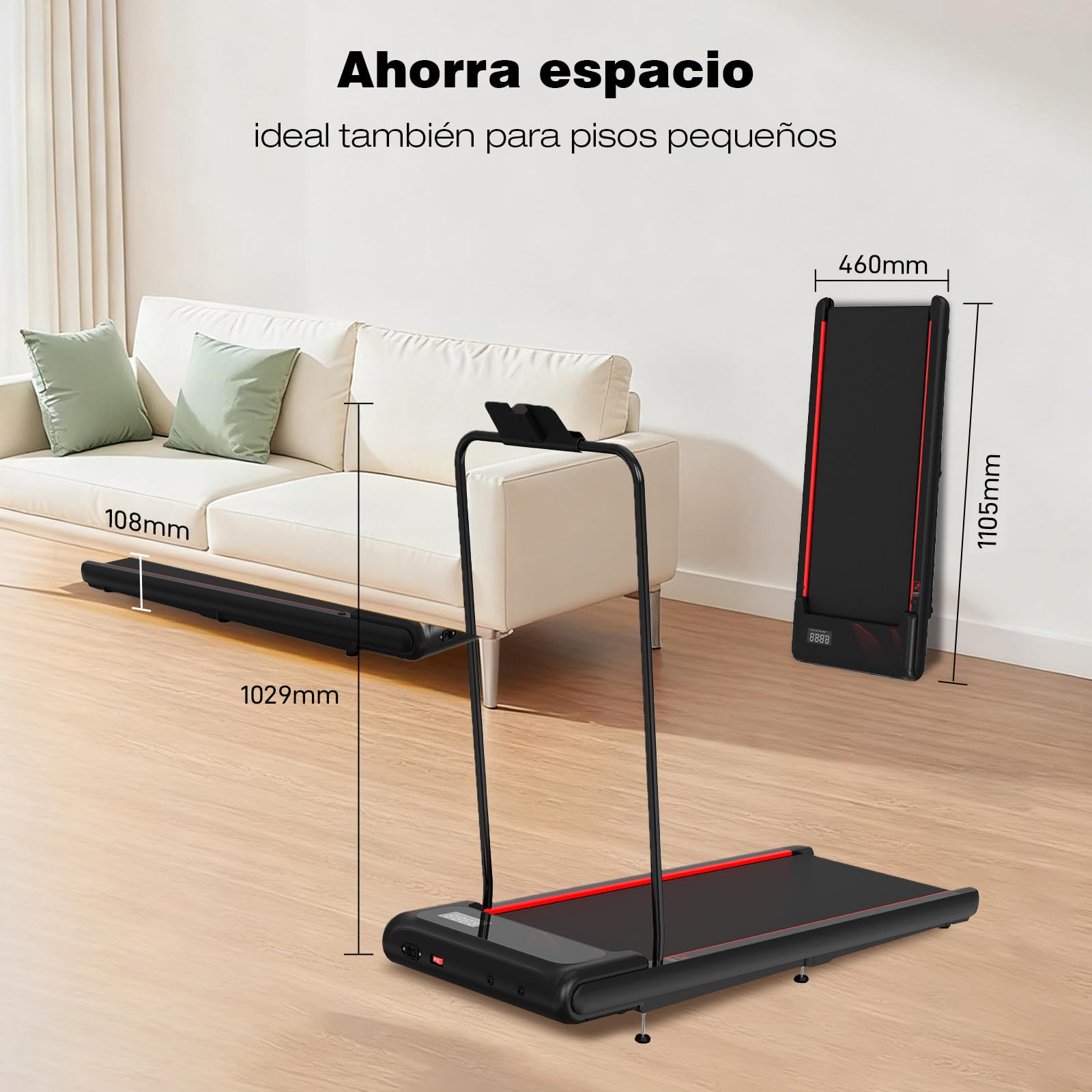 Cinta de Correr, Cinta de Correr con Barandilla Desmontable, Walking Pad 3 Niveles Inclinación, Soporte Tableta, Motor Silencioso