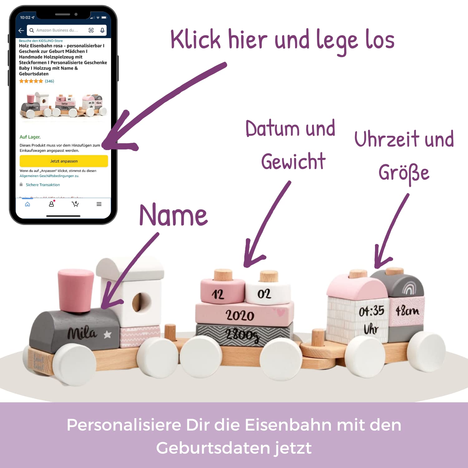 Holz Eisenbahn rosa - personalisierbar I Geschenk zur Geburt Mädchen I Handmade Holzspielzeug mit Steckformen I Personalisierte Geschenke Baby I Holzzug mit Name & Geburtsdaten