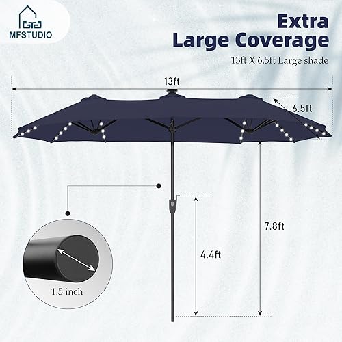 Miniatura 8 de MFSTUDIO Sombrilla de patio de doble cara de 13 pies con luces solares, sombrillas rectangulares de mesa al aire libre con 120 luces LED, manivela