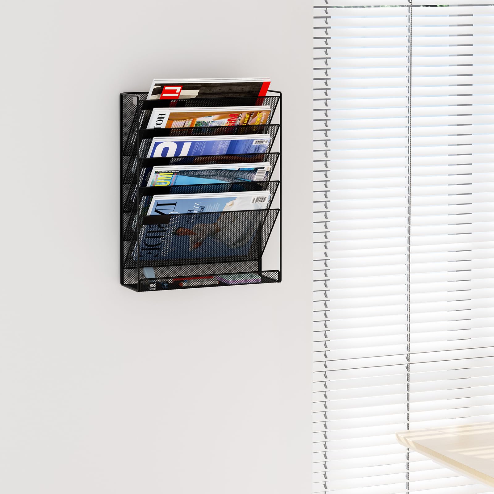 Organizador de pared o de escritorio sin taladro, revistero de 6 niveles de metal negro – Fijación de junta para mesa – Opción de pared con tornillos