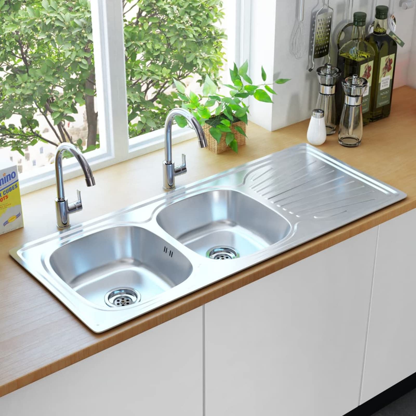 ShGaxin Fregadero de Doble Seno con colador y sifón, Mueble Pila Lavadero, Pila Fregadero Cocina, Fregadero sobre Encimera, Fregadero Baño Encimera, Picas De Cocina, de Acero Inoxidable