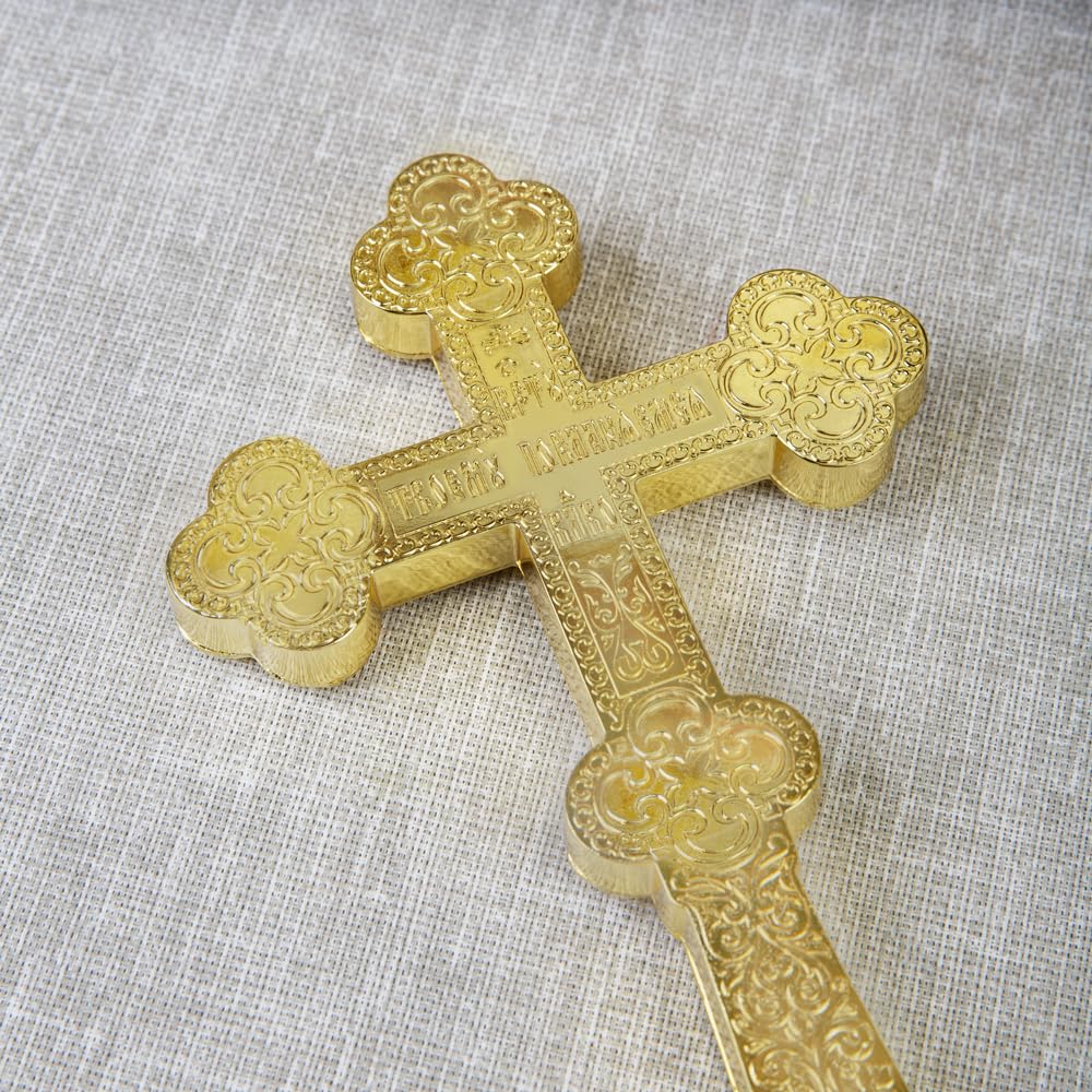 RZRHMUHN Croix de bénédiction orthodoxe plaquée or, crucifix religieux de 21,6 cm avec icône en relief, croix liturgique orthodoxe orientale pour bénédiction du prêtre, autel d'église, dévotion à