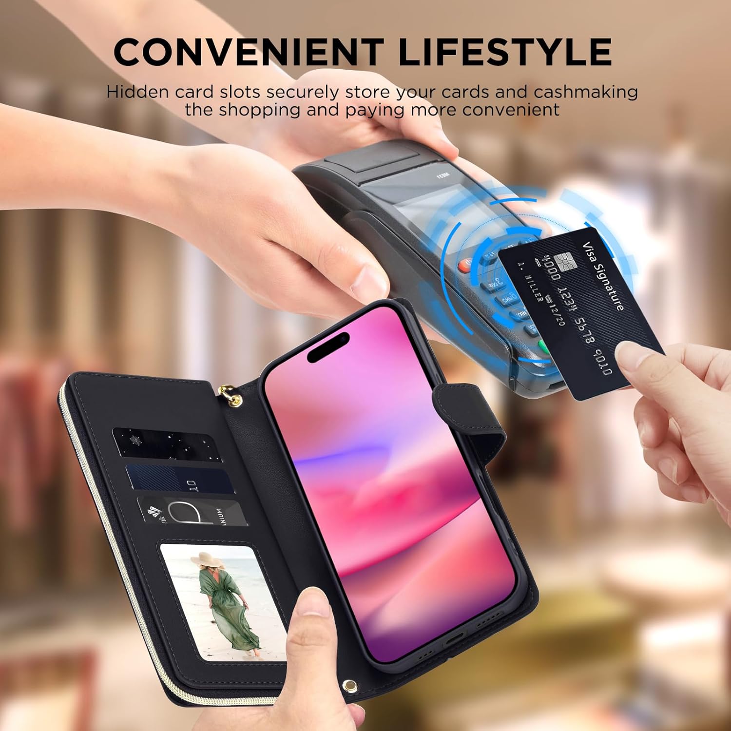 Asuwish Phone Case for iPhone 16 Wallet Cover with Tempered Glass Screen Protector Strap Card Holder Slot Stand PU Leather Flip Cell Magnetic Zipper iPhone16 5G i i-Phone i16 16Case Women Girls Black