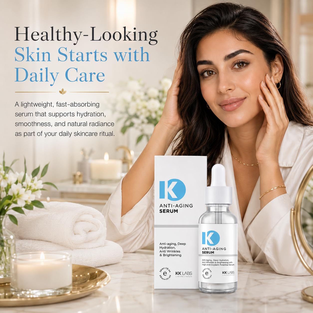 KK Labs Anti-Aging Face Serum 30ml - Lightweight Daily Serum to Target the Look of Fine Lines and Dullness for Smoother, Firmer-Looking, More Radiant Skin, Layers Under Moisturiser