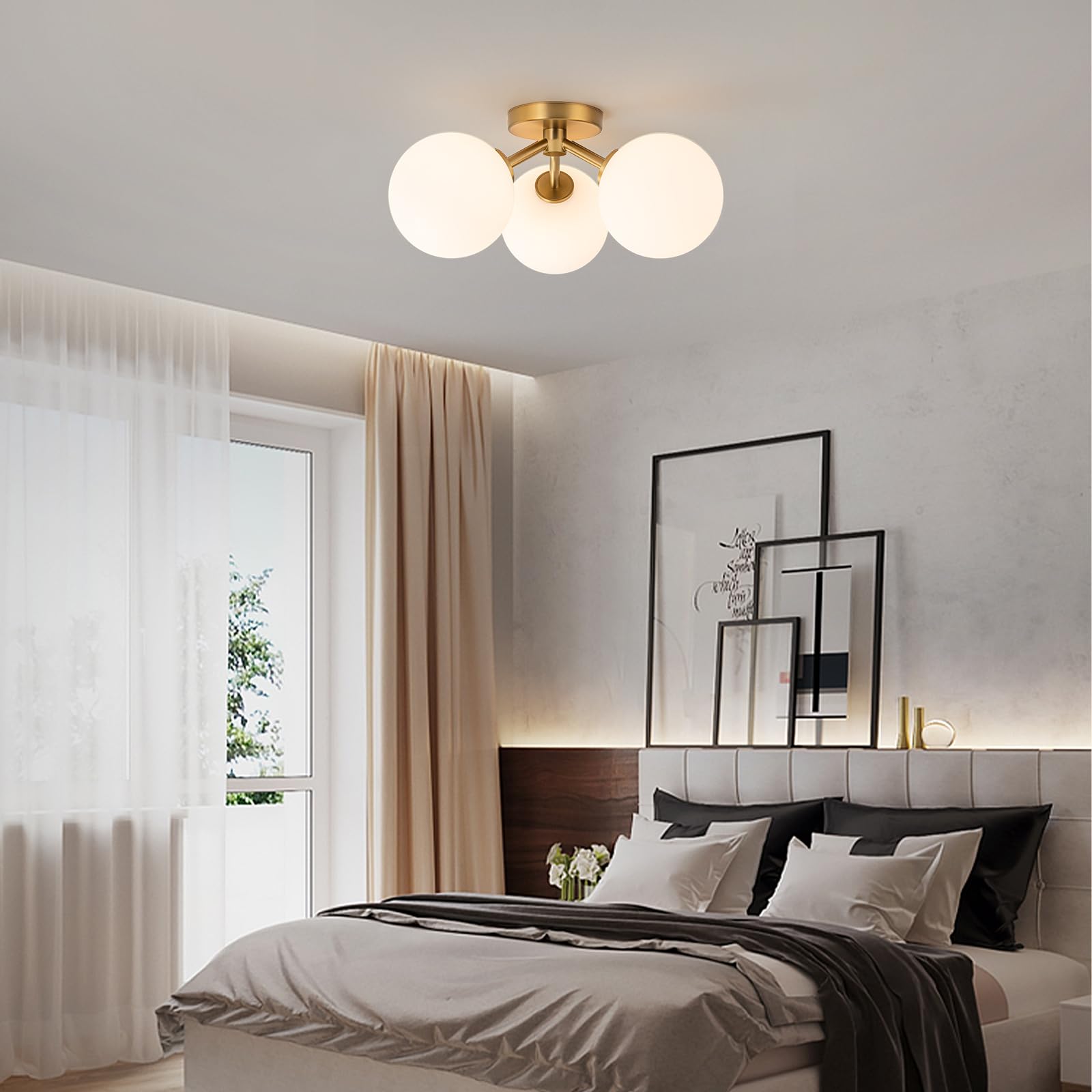 KANADEMONO Gold × Glass Ceiling Light 3 Lamomo Semi Flush Mount Ceiling Light, Upgraded Larger