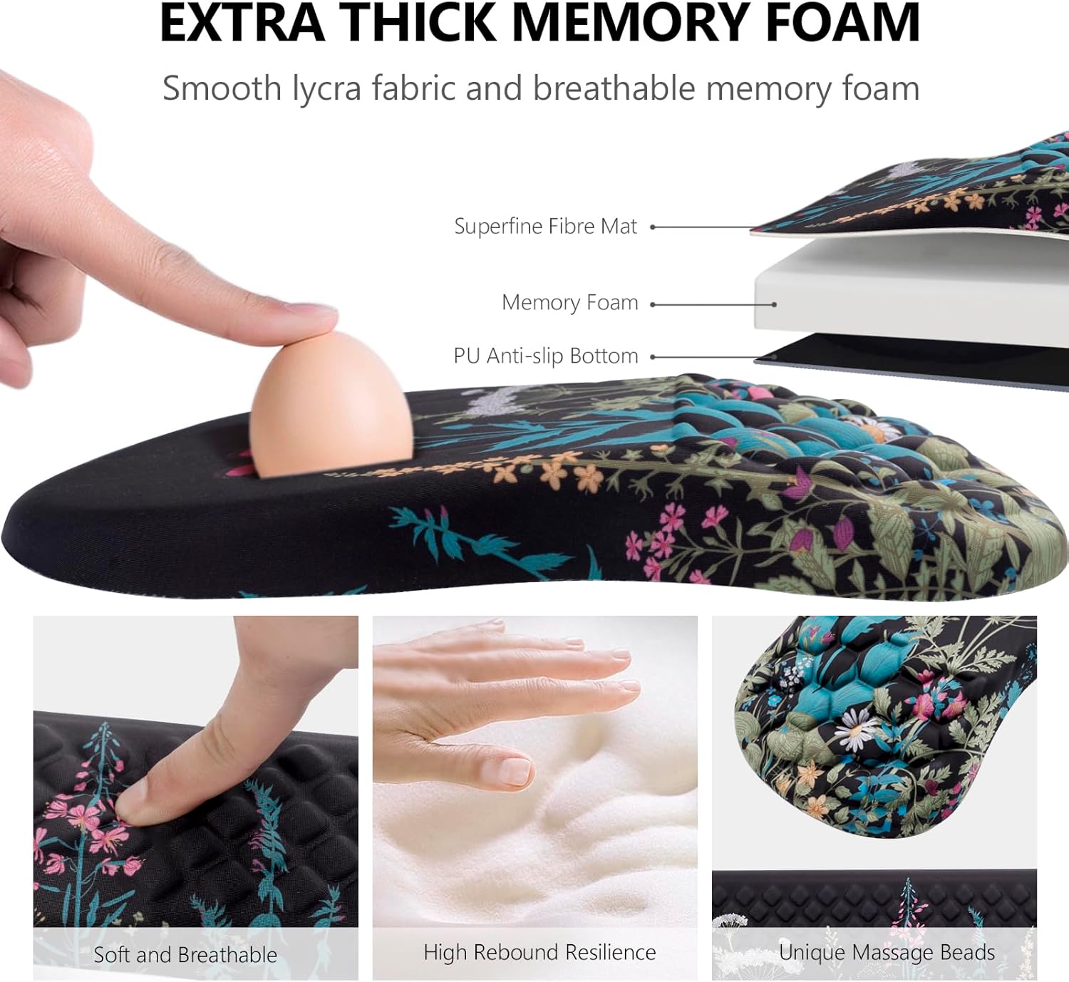 Mouse Pad Wrist Support, Laokiiy 2 in1 Keyboard Wrist Rest+ Ergonomic Mouse Pad, Non-Slip Wrist Rest for Computer Keyboard, Made Easy Typing & Relieve Wrist Pain(Flower) - Image 3