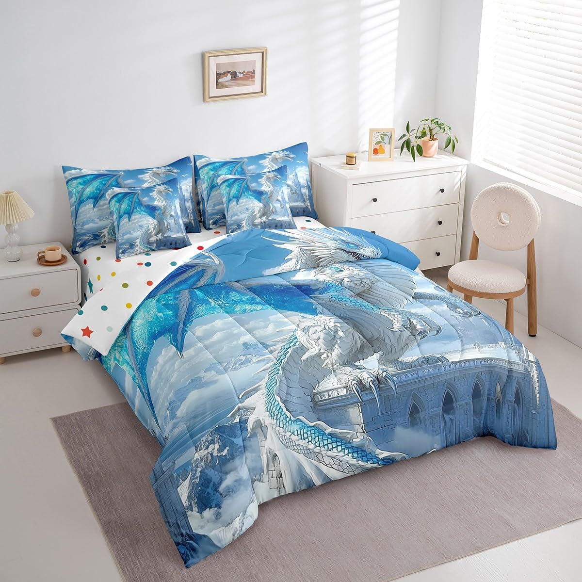 Erosebridal Gothic Dragon Bed in a Bag Queen Comforter Set 7 Piece,Goth Pterosaur Bedding Set,Vintage Jungle Animal Sheet Set Prehistoric Wild Animals Bed Set,Tropical Wildlife Reptile Room Decor