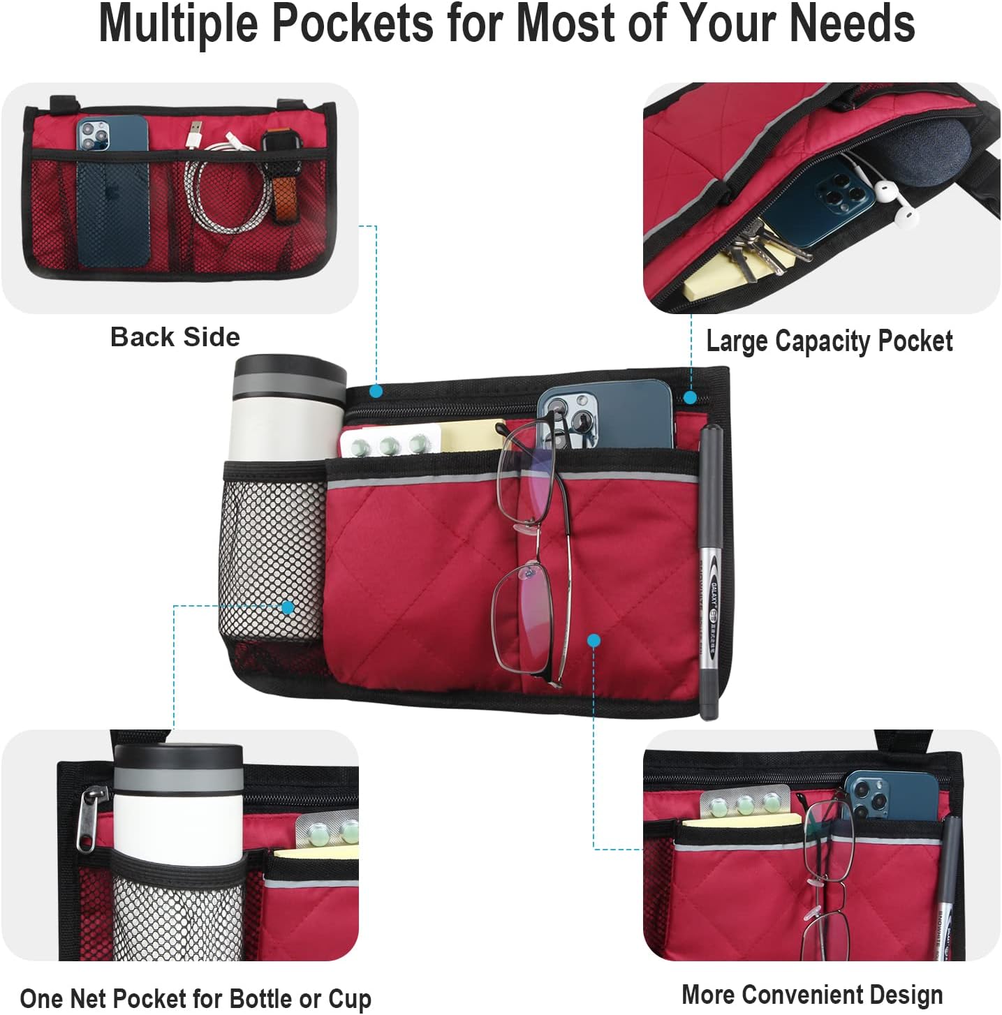 Wheelchair Side Organizer Storage Bag Armrest Pouch with Cup Hold and Reflective Strip, for Most Wheelchairs, Walkers or Rollators (Red) : Health & Household