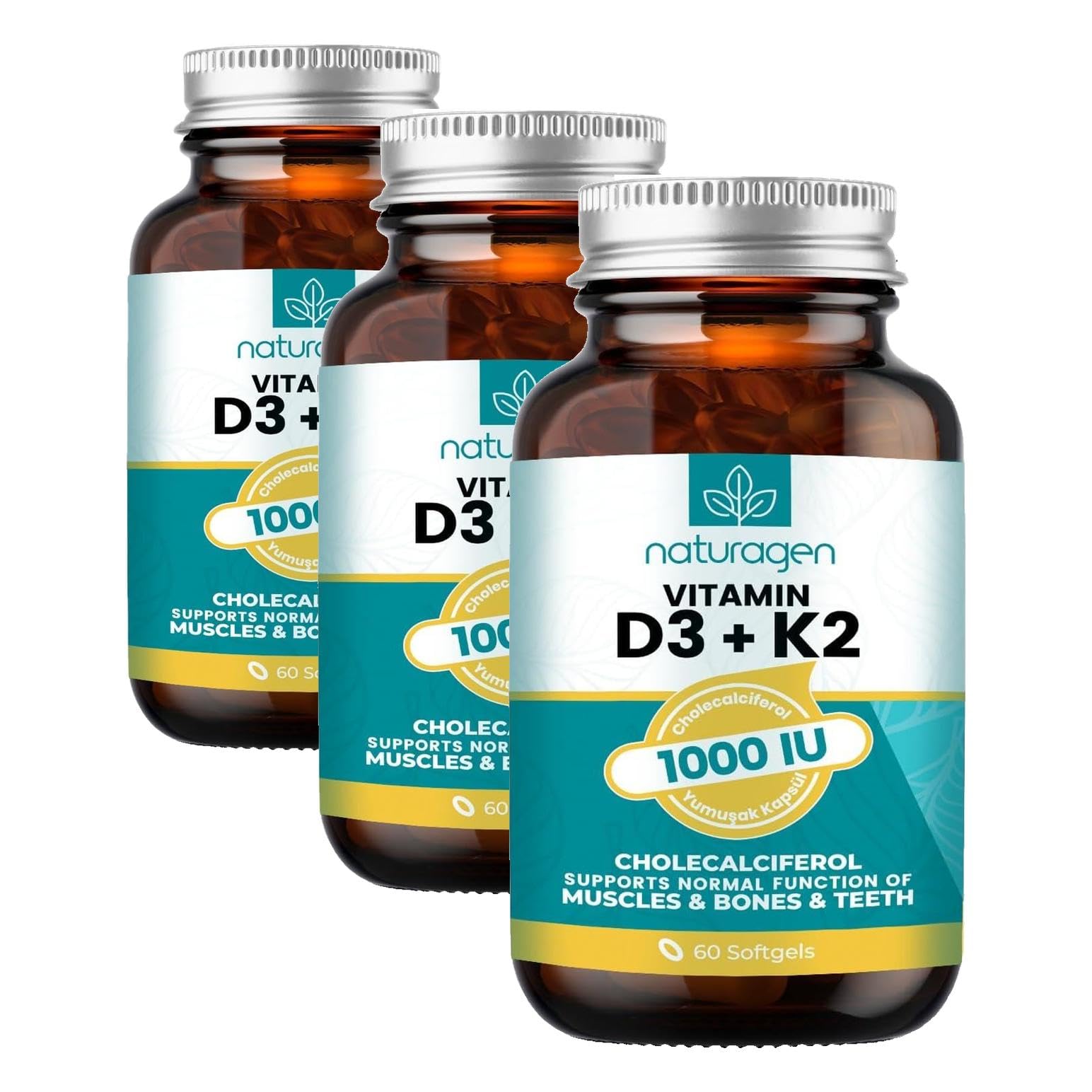 Naturagen Vitamin D3 + K2 1000 IU 60 Kapsül | Glutensiz Kolay Yutulabilir Vitamin D3 K2 | 60 Yumuşak Jel Kapsül - 2 Aylık (3 paketi)