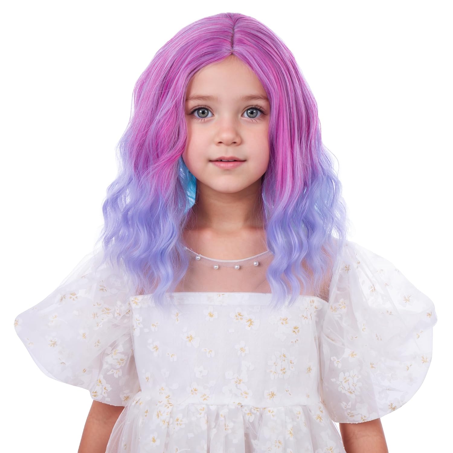 Multi-color Wigs for Kids Child Short Rainbow Bob Wig Girls Colored Loose Curly Wavy Wig Kids Pink Mixed Purple and Blue Side Part Synthetic Wigs for Daily Halloween Party Use