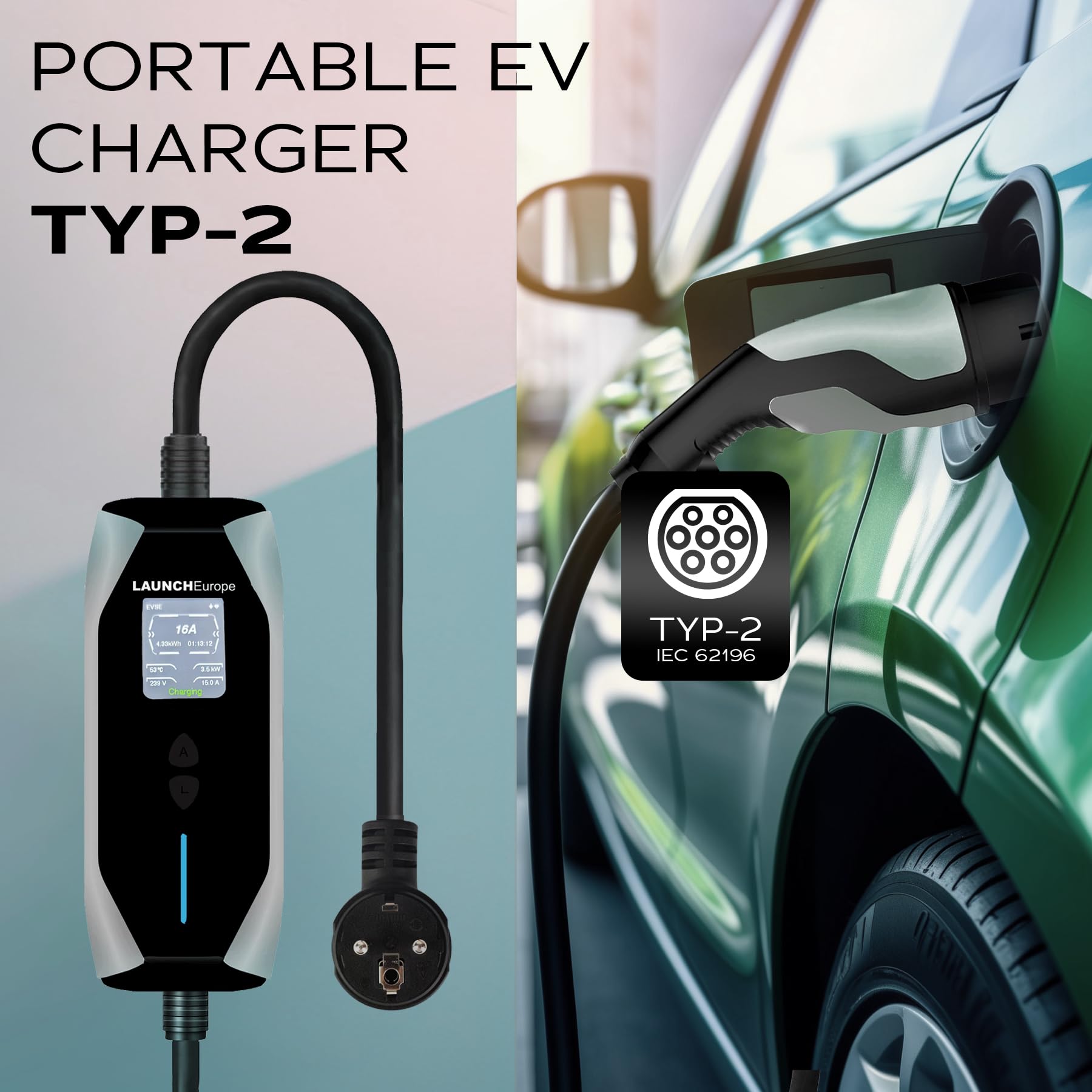 LAUNCH Europe Mobile Wallbox 3,5 kW [1-phasig | 7 m | 6–16 A] mit App-Steuerung & Typ-2-Schutz, Tragbare EV Ladestation CEE Schuko für Model Y/3, ID.3/4/5, ZOE, e-tron und andere PHEV/EV