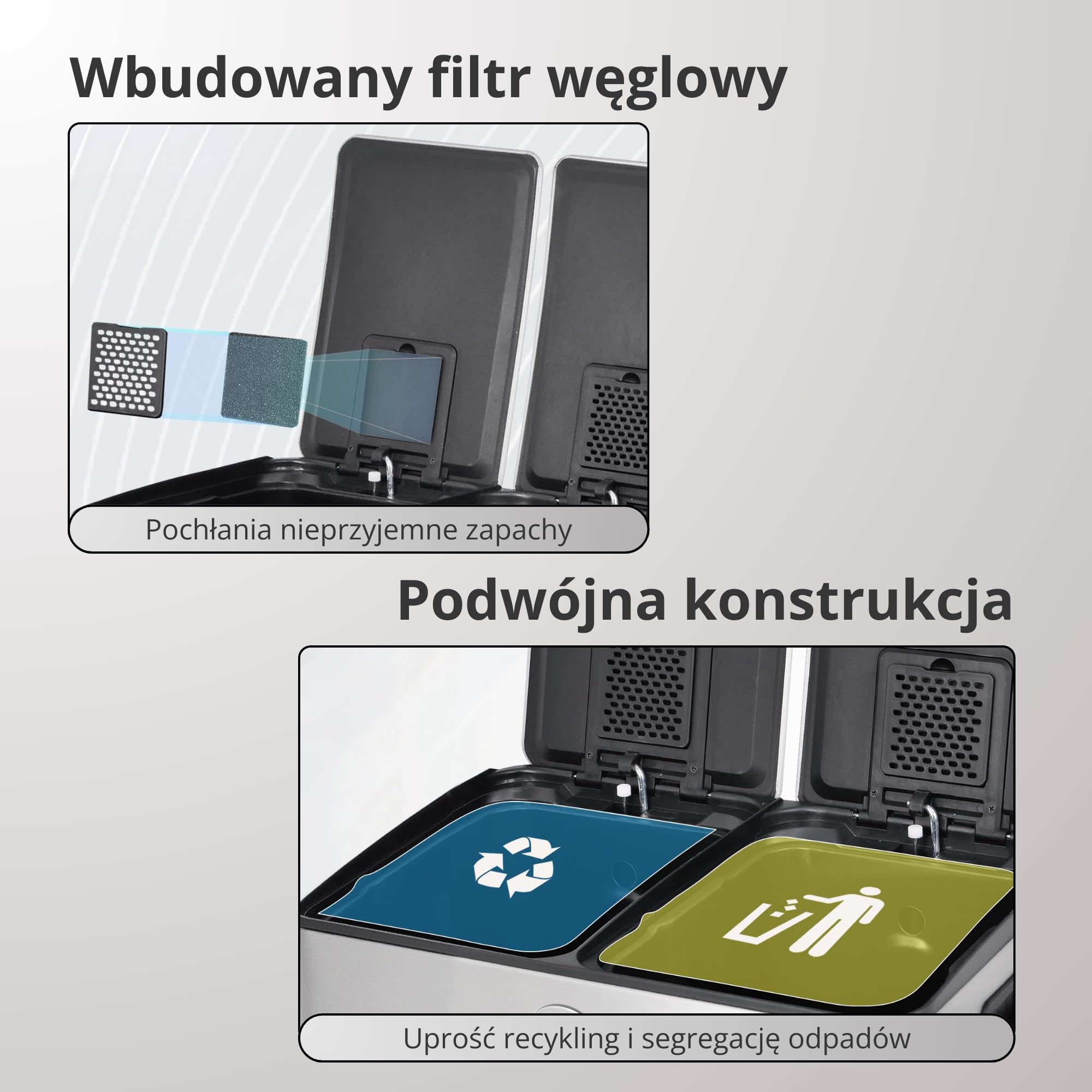 Kosz do Recyklingu 2 x 20 L (40 L), Podwójny, Stal Nierdzewna Odporna na Odciski Palców, z Pokrywą z Cichym Zamykaniem i Pedałem, Zawiera 20 Worków na Śmieci, Oddzielne Przegrody