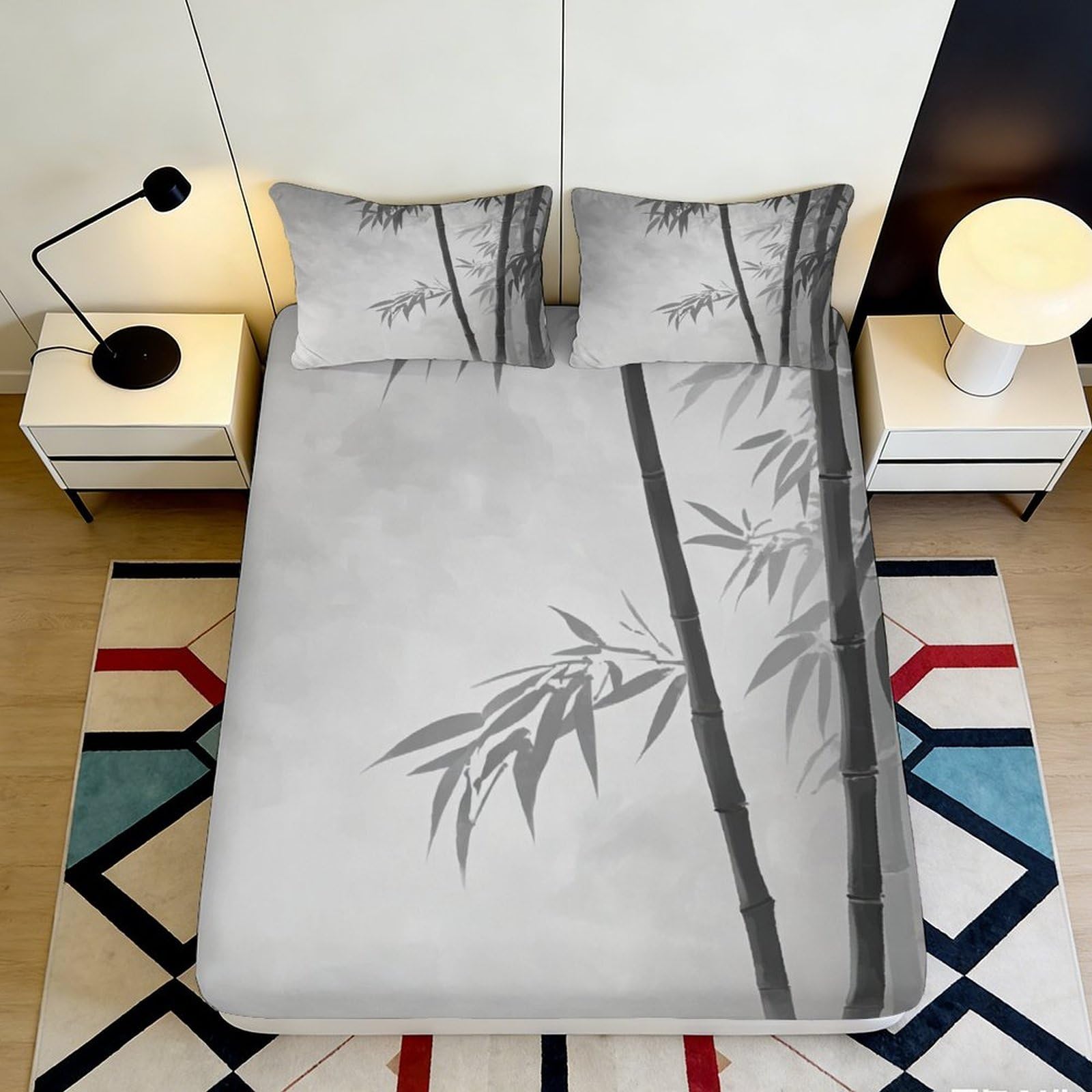 3D Printed Bamboo Forest Fitted Sheet Microfiber Soft Gray Zen Ink Painting Mattress Cover Bedroom Decor 90x200x25cm