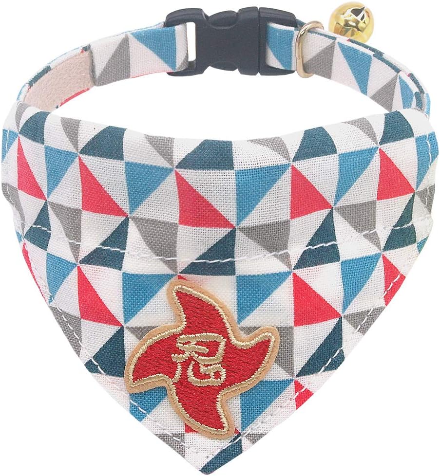PetSoKoo Japan Ninja Bandana Cat Collar with Bell.100% Cotton.Windmill Pattern. Cute Breakaway Girl Cat Collar.Soft,Blue