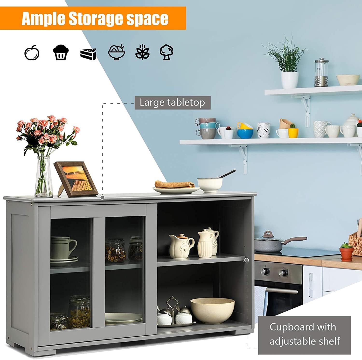 Sideboard Buffet Cabinet, Stackable Cupboard Storage Table with Adjustable Shelf & Glass Sliding Doors, Wooden Credenza Coffee Bar Cabinet for Kitchen/Dining Room/Living Room/Entryway (Grey)