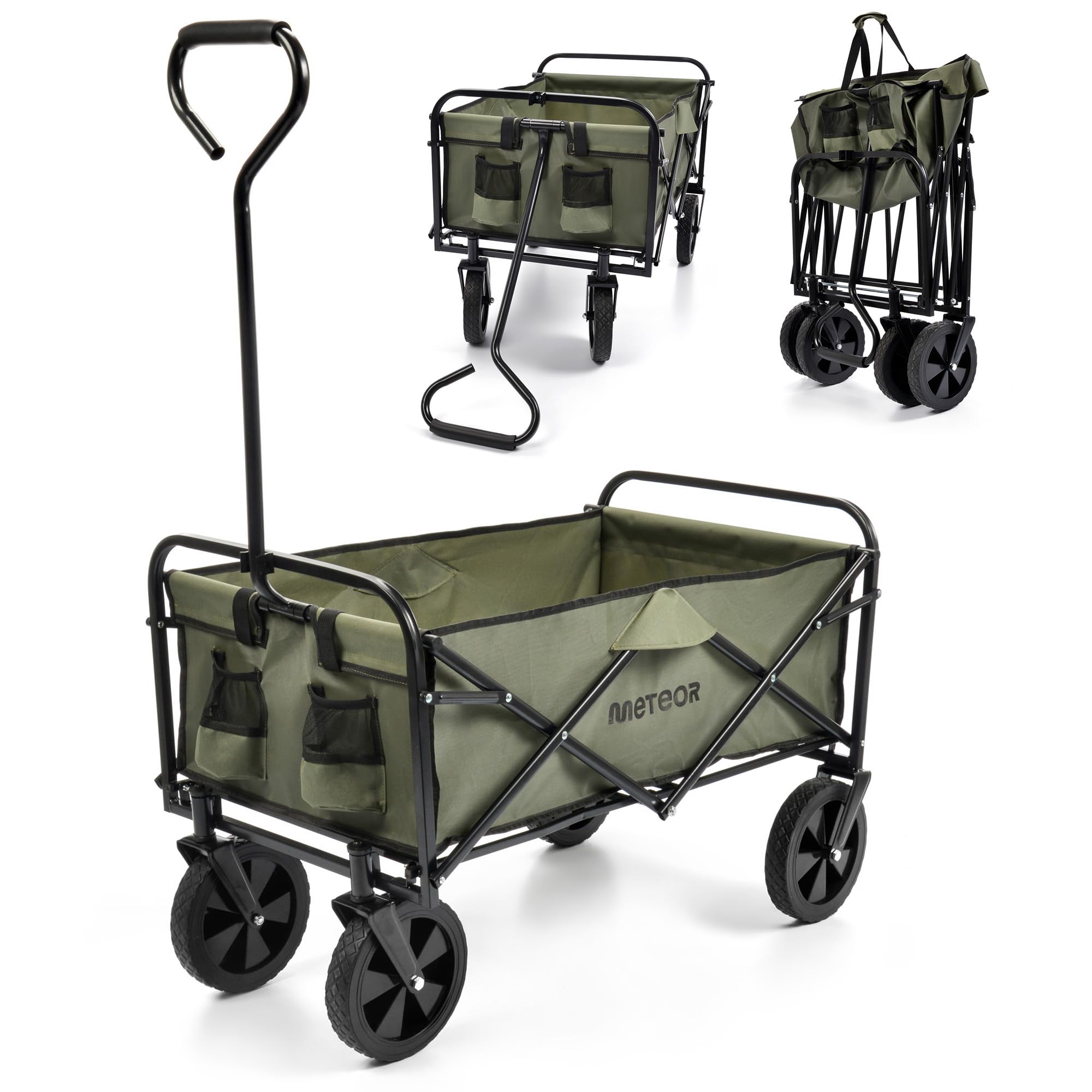 meteor Bollerwagen faltbar X-200 90L Transportwagen und Handwagen mit 80 kg Tragkraft klappbarer Gartenwagen mit Stahlrahmen PU-Rädern Seitentaschen für Camping Strand Einkauf dunkelgrün