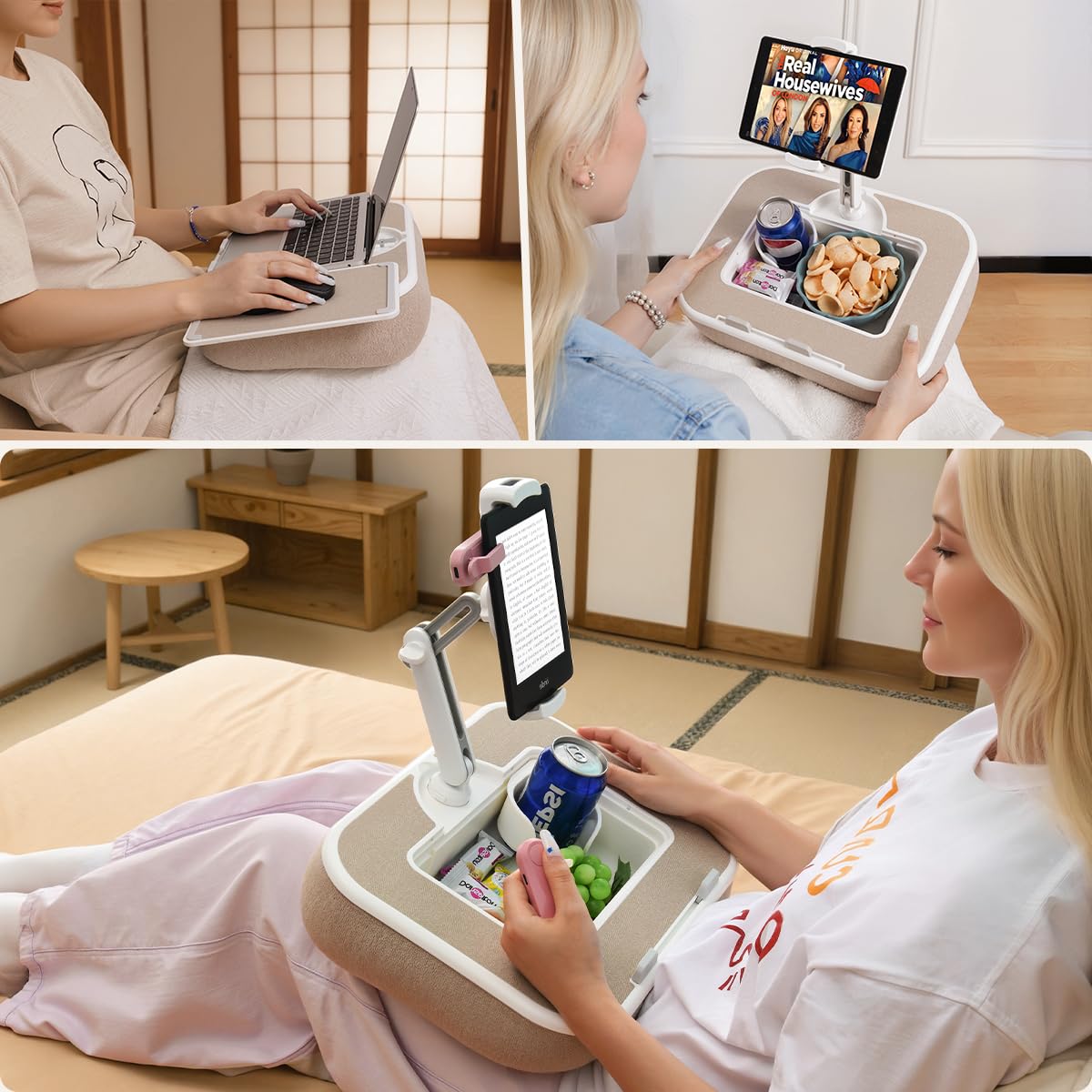 Soporte de cojín para tablet con bandeja para aperitivos y pizarra de escritura, soporte giratorio de 360 grados para teléfonos inteligentes de 4,7 a 13 pulgadas, tabletas Kindle, soporte de cojín