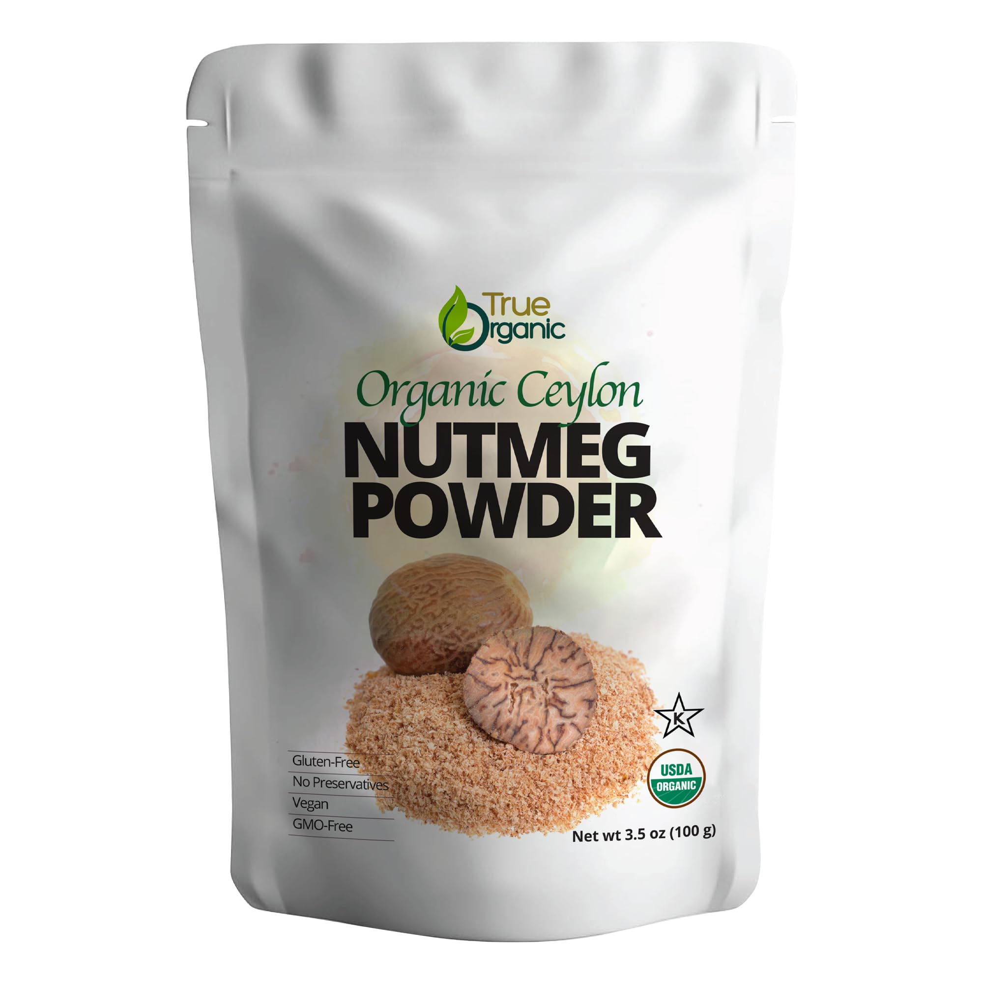 True Organic Ceylon Nutmeg Powder, Premium Grade, USDA & Kosher Certified, Gluten Free, Pure Ceylon Premium Quality, Ground 3.5 Oz
