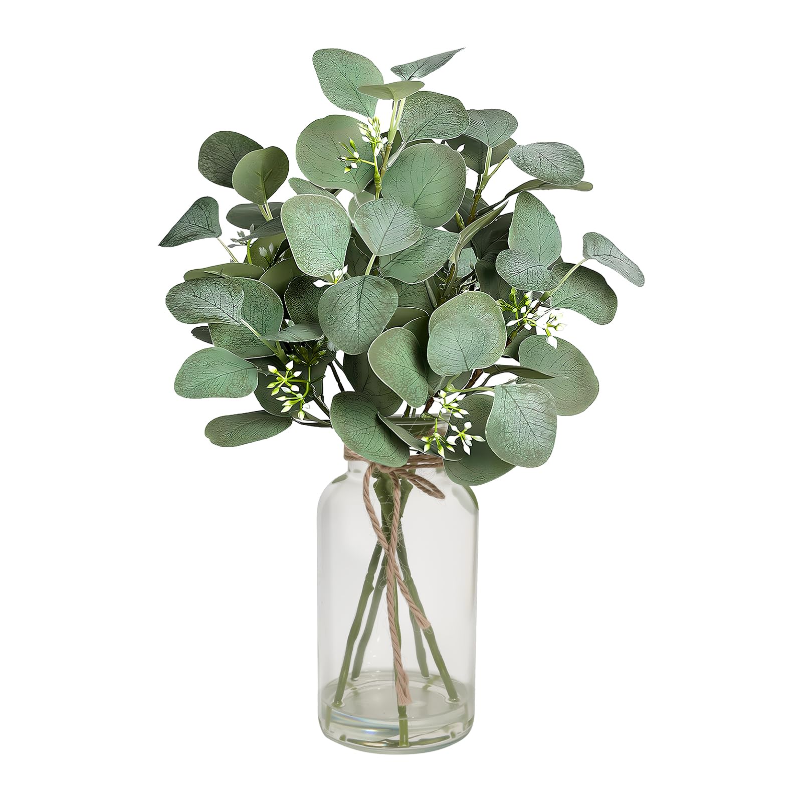 Artificial Eucalyptus Stems in Clear Glass Vase with Faux Water, 14 Inch Fake Eucalyptus Plant Centerpiece for Home Décor, Farmhouse Table, Wedding, and Office Decoration